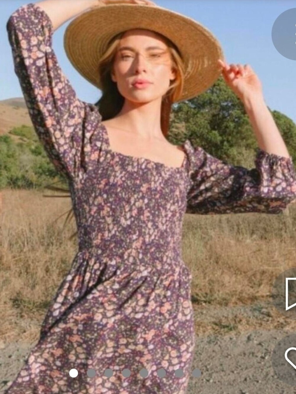 Floral Smocked Yoke Long Sleeve Dress - Green With Pink Floral Pattern